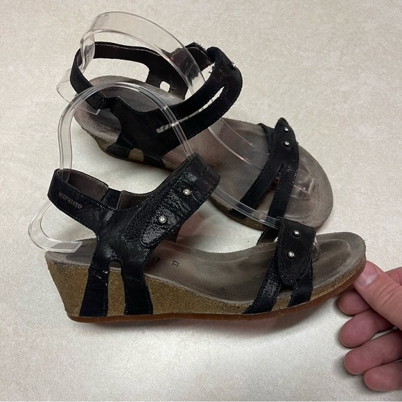 Mephisto cork wedge heel sandals Minoa black size 37 lizard rhinestone - Picture 8 of 9